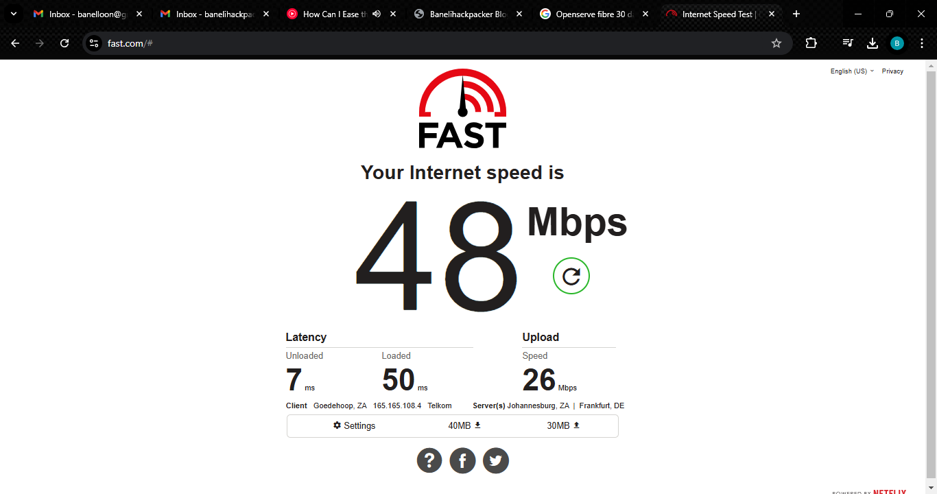 Openserve 30-day free fibre connection speed test result